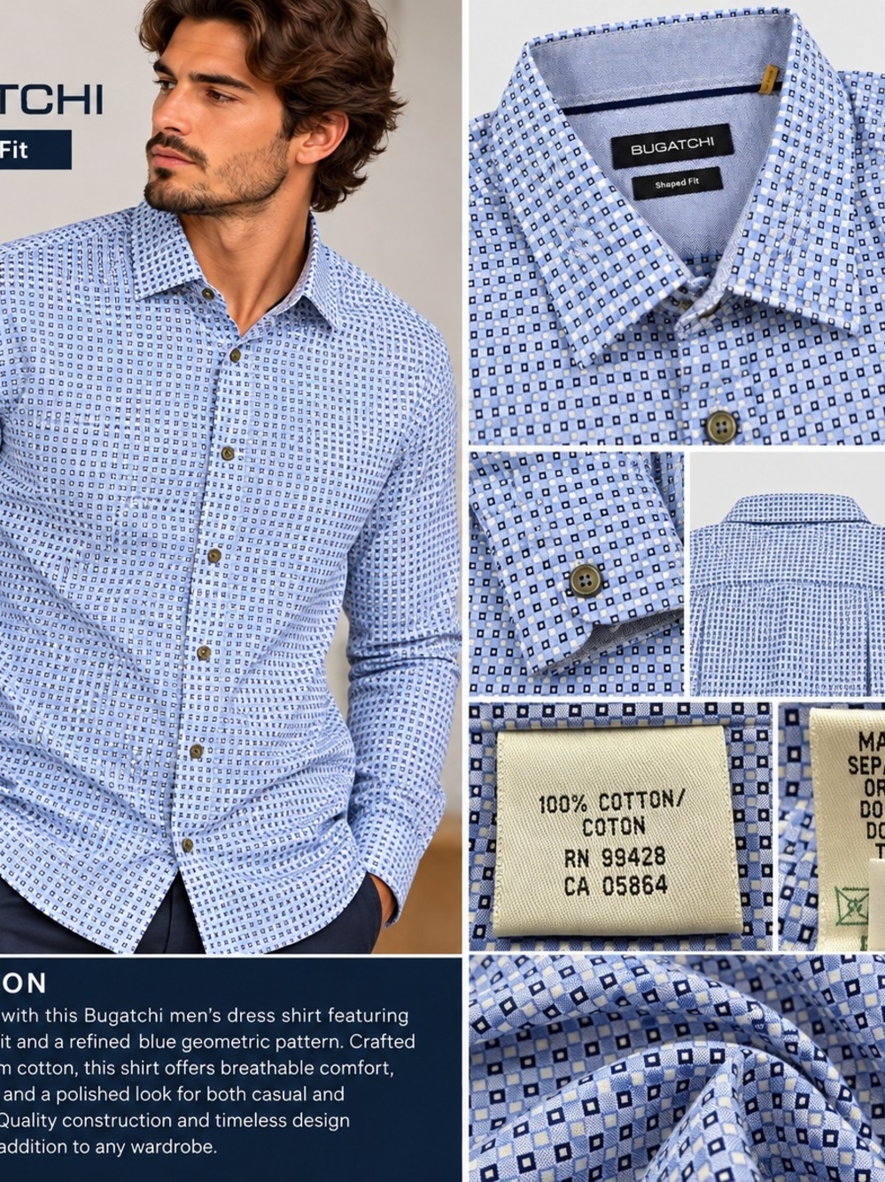 Bugatchi Light Blue & Navy Geometric Men's Dress Shirt
